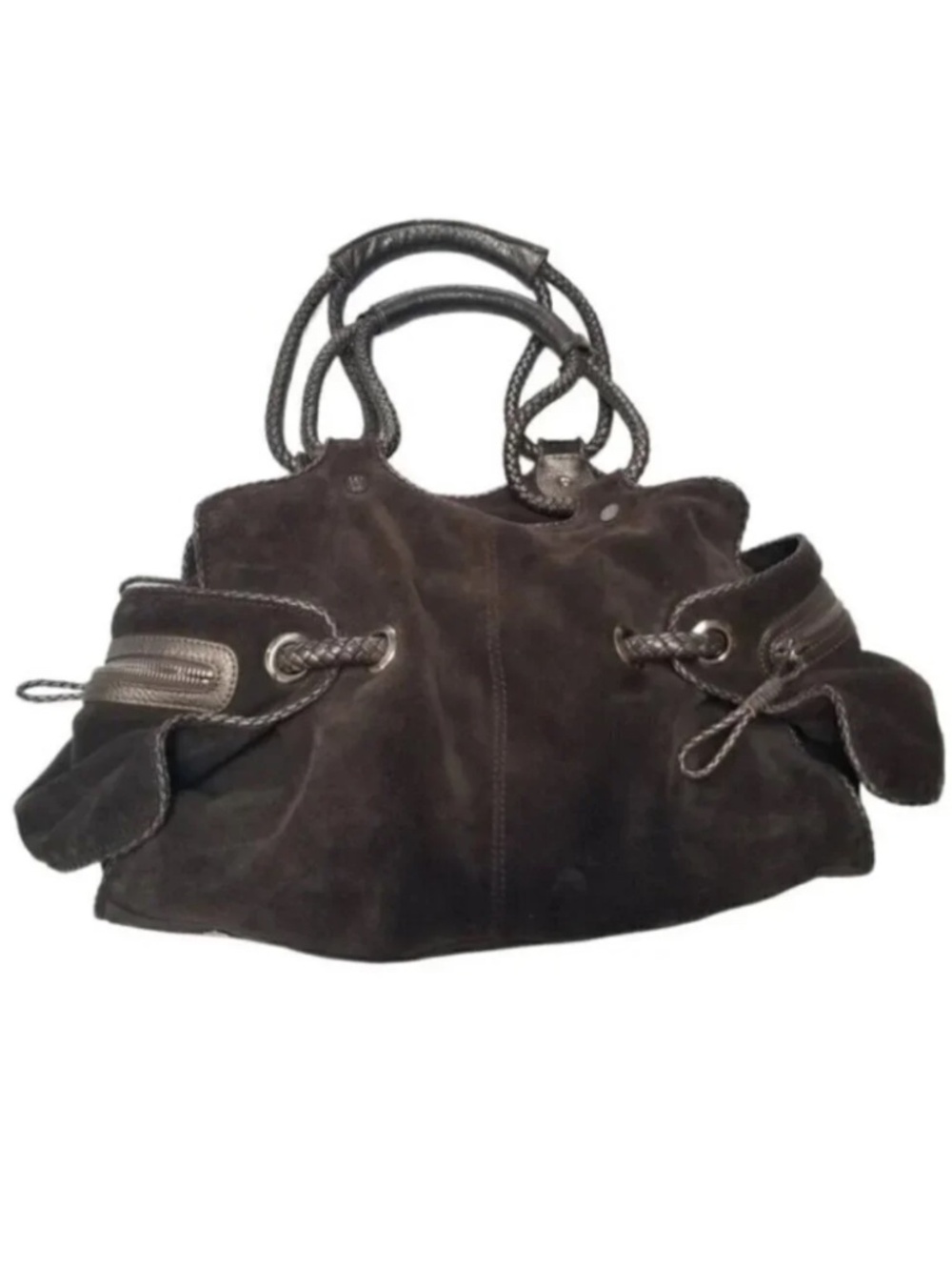 Stuart Weitzman Brown Leather Suede Woven Braided Handle Purse